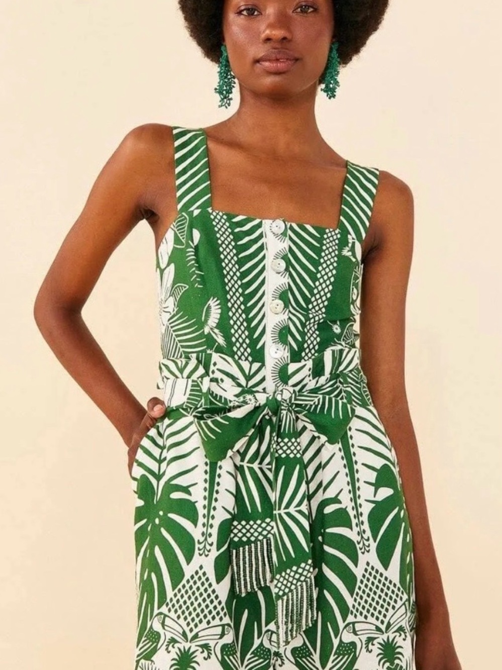 Farm Rio Green and White Tropical Print Romper